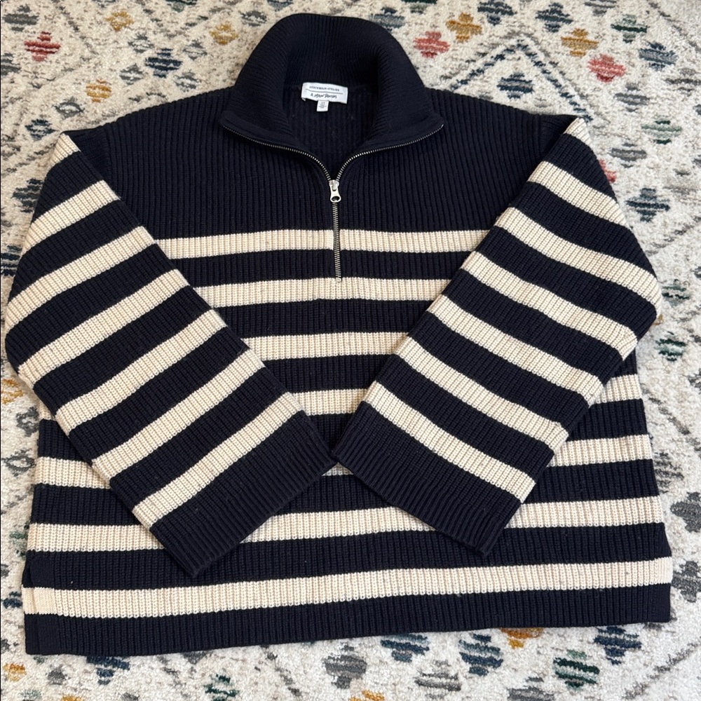 & Other Stories Striped Half Zip Sweater Wool Blend Navy Cream Stockholm Atelier - Picture 2 of 7